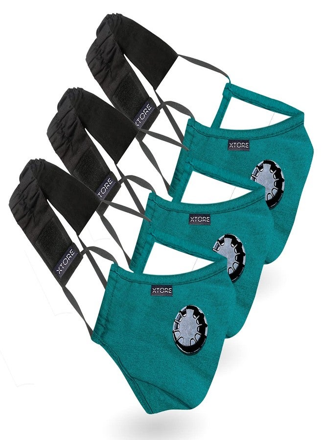 Xtore N-95 FDA CE Certified Pure Cotton Anti-pollution Reusable Washable mask with Valve for Men and Women (Pack of 3, 3 Filters, 3 Head Band, Turquoise) - Image 1